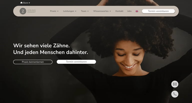 Woman with curly hair smiling, website banner with German text about dental services and appointment buttons